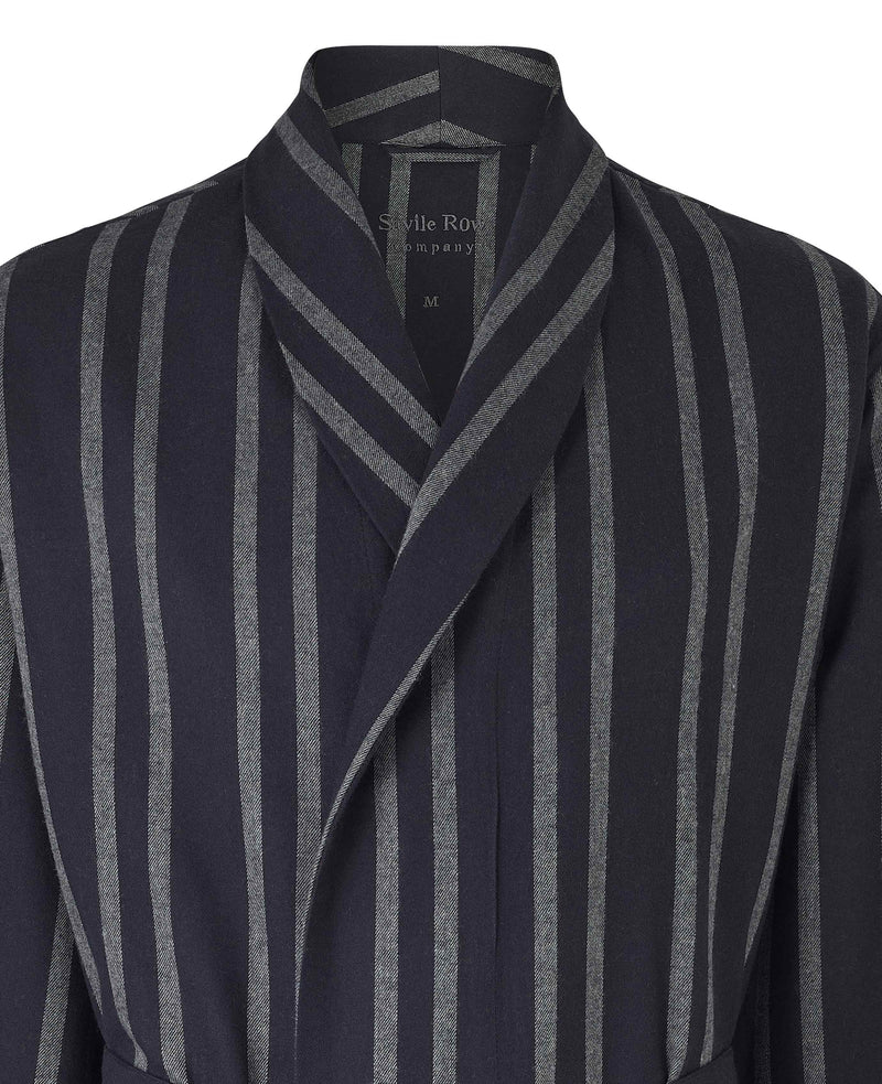 Navy Grey Striped Brushed Cotton Dressing Gown