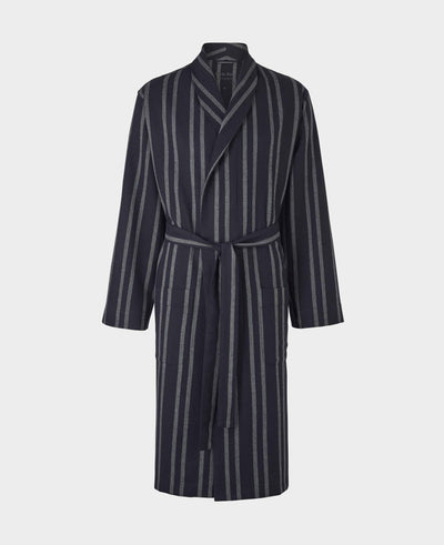 Navy Grey Striped Brushed Cotton Dressing Gown