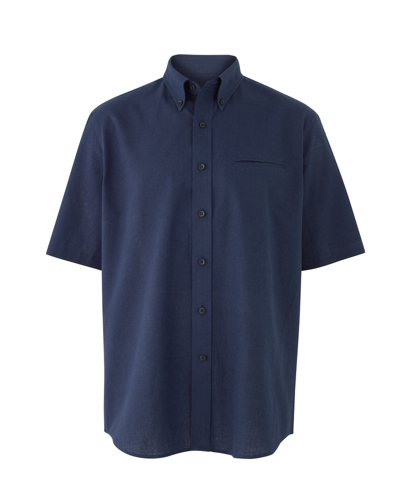 Navy Linen-Blend Classic Fit Short Sleeve Shirt On Mannequin