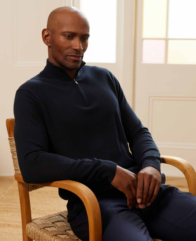 Navy Merino Wool Zip Neck Jumper