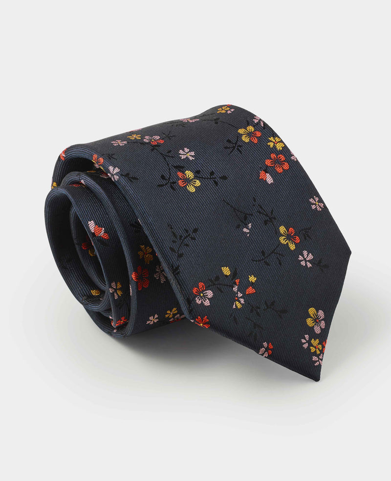 Navy Multi Flower Pattern Silk Tie