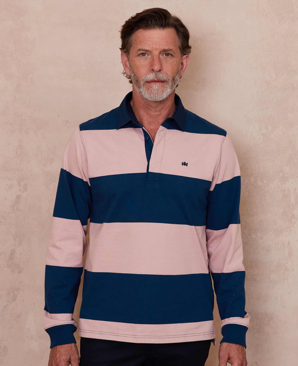 Men's Navy Pink Stripe Heavyweight Cotton Jersey Rugby Shirt – Savile ...