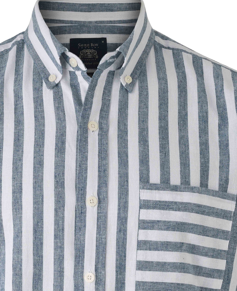 Navy White Bold Stripe Linen Cotton Classic Fit Short Sleeve Shirt