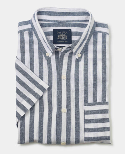 Navy White Bold Stripe Linen Cotton Classic Fit Short Sleeve Shirt
