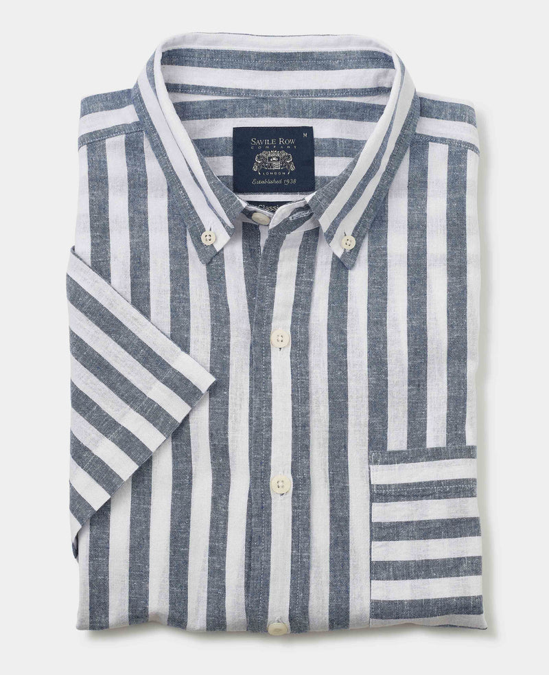 Navy White Bold Stripe Linen Cotton Classic Fit Short Sleeve Shirt