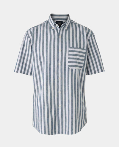 Navy White Bold Stripe Linen Cotton Classic Fit Short Sleeve Shirt