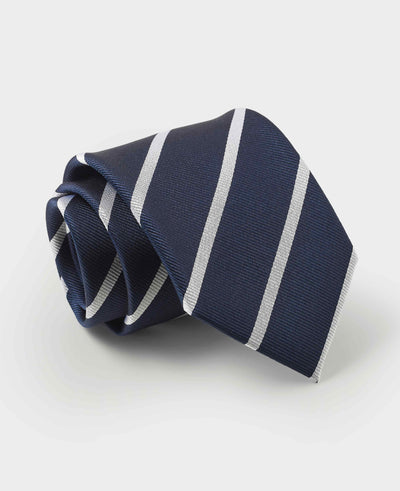 Navy White Wide Stripe Silk Tie