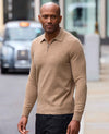 Oatmeal Merino Wool Cashmere Zip Neck Long Sleeve Polo Shirt