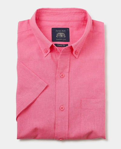 Pink Linen Cotton Classic Fit Short Sleeve Button-Down Casual Shirt