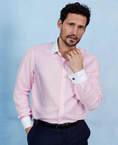 Pink Textured Cotton Puppytooth Classic Fit Winchester Formal Shirt - Double Cuff