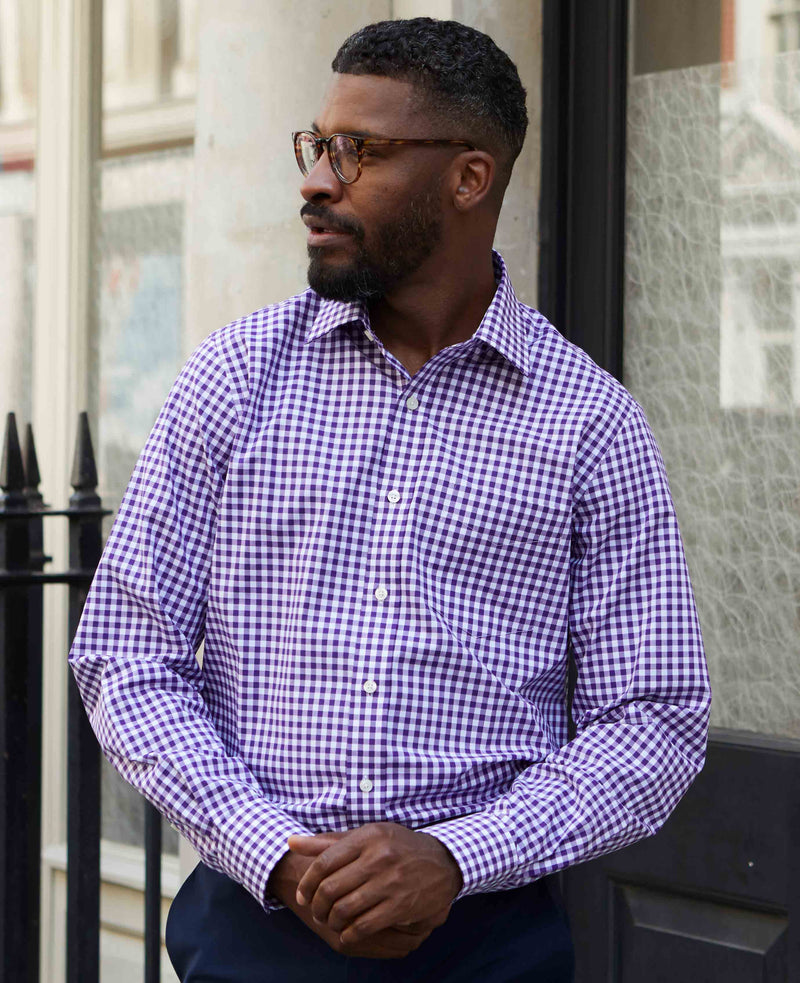 Purple Gingham Check Classic Fit Formal Shirt - Single Cuff