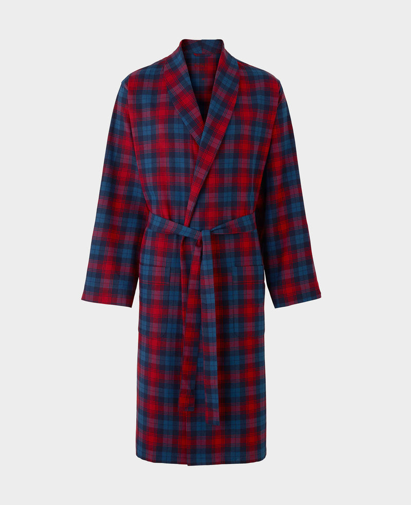 Red Navy Check Brushed Cotton Dressing Gown