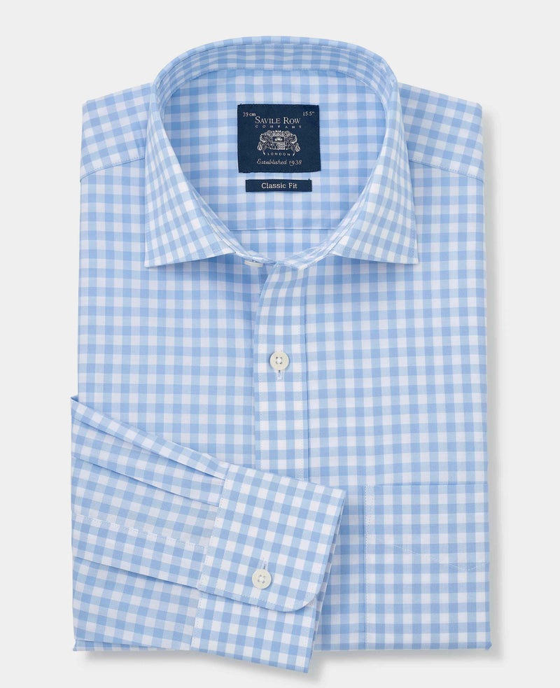 Sky Blue Cotton Gingham Classic Fit Formal Shirt - Single Cuff