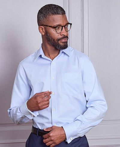 Sky Blue Textured Cotton Herringbone Classic Fit Formal Shirt - Double Cuff