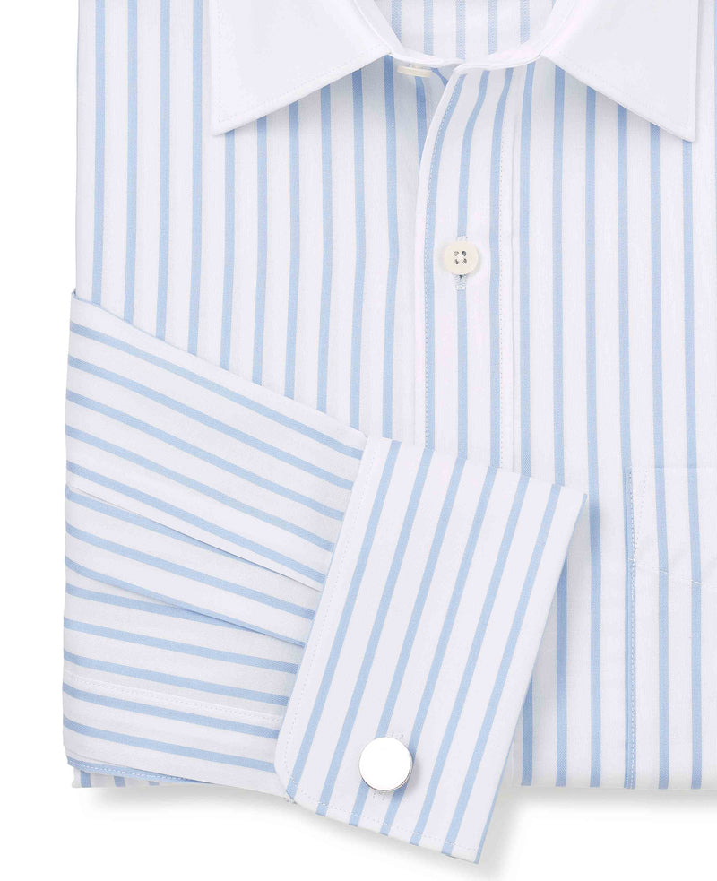 Sky Blue White Cotton Herringbone Stripe Classic Fit Winchester Formal Shirt - Double Cuff
