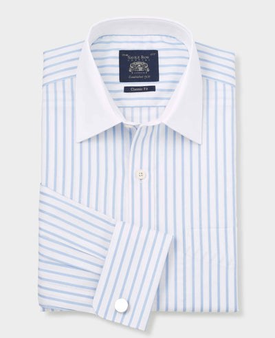 Sky Blue White Cotton Herringbone Stripe Classic Fit Winchester Formal Shirt - Double Cuff