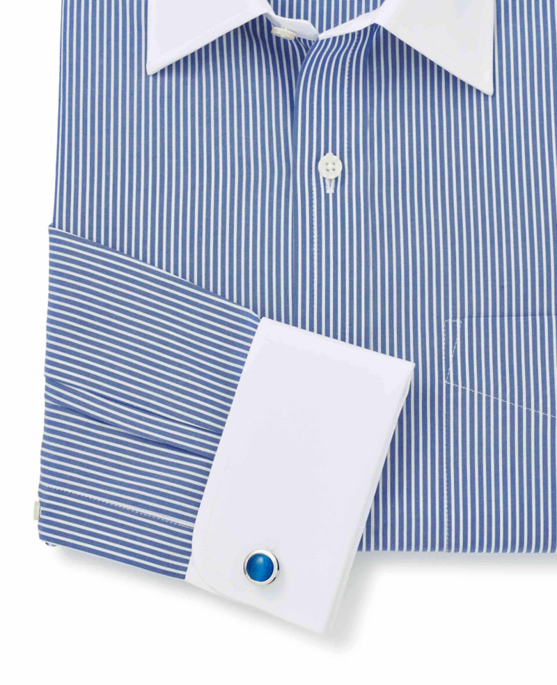 Royal Blue White Stripe Classic Fit Formal Shirt With White Collar & Cuffs - Double Cuff