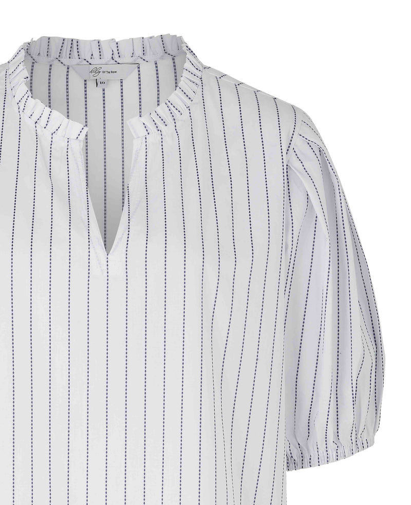 White Blue Stripe Frill Trim Short Sleeve Women's Shirt