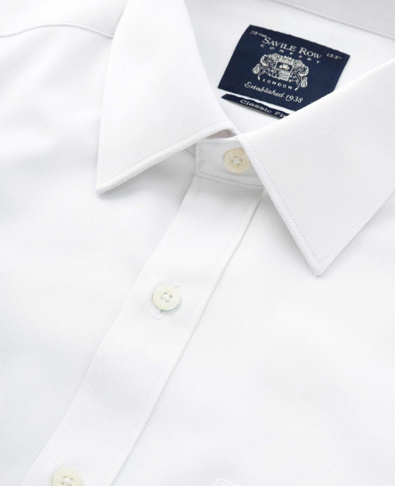 White Cotton Herringbone Classic Fit Formal Shirt - Double Cuff