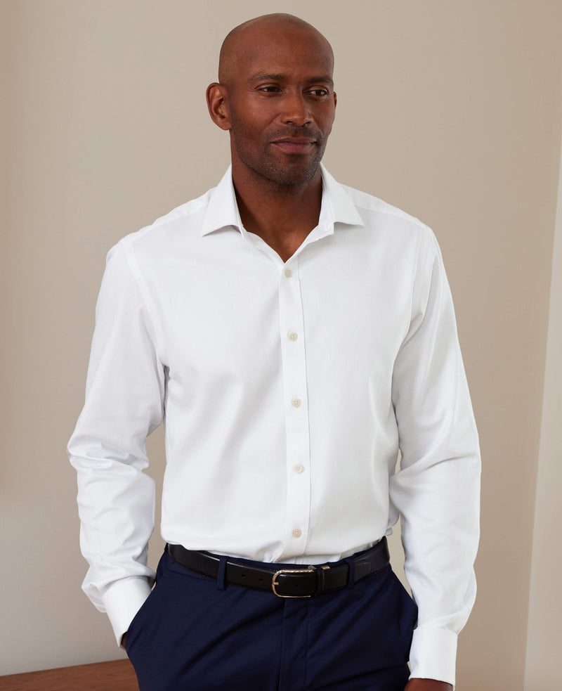 Natural White Cotton Herringbone Slim Fit Formal Shirt - Double Cuff