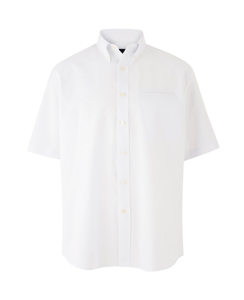 White Linen-Blend Classic Fit Short Sleeve Shirt