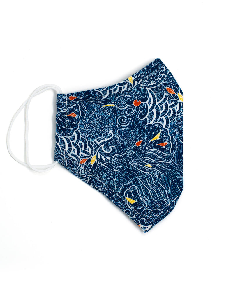 White Navy Gold Batik Print Reusable Cotton Face Mask - Folded - MSK1419WNG