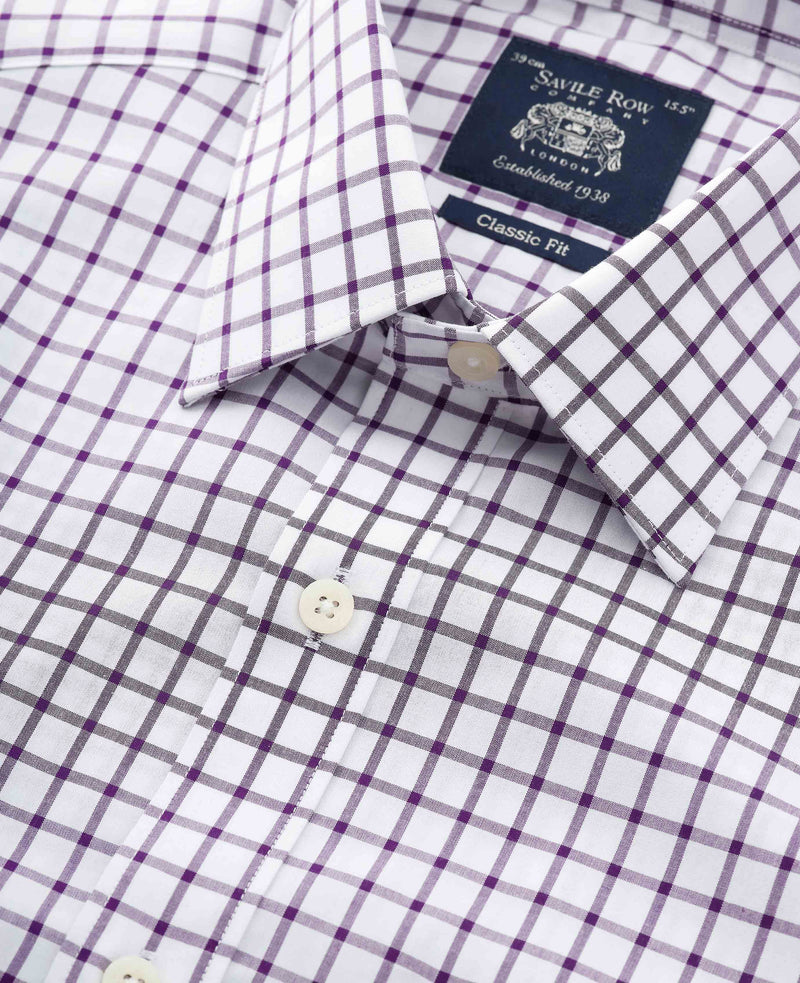 White Purple Cotton Grid Check Classic Fit Formal Shirt - Single Cuff