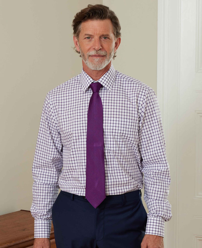 White Purple Cotton Grid Check Classic Fit Formal Shirt - Single Cuff