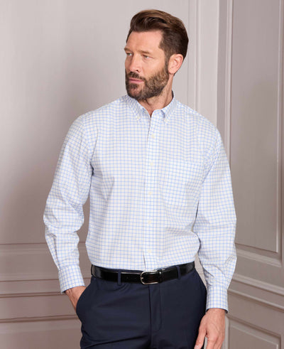 White Sky Blue Stretch Cotton Classic Fit Button-Down Check Casual Shirt