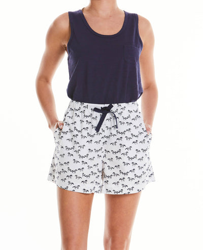 Women's Navy And White Horse Print Cotton Lounge Shorts